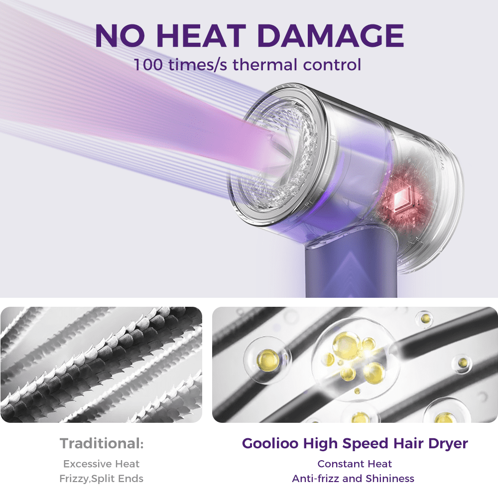 Goolioo Hair Dryer , High Speed Professional Ionic Blow Dryer with Magnetic Nozzle, Gray