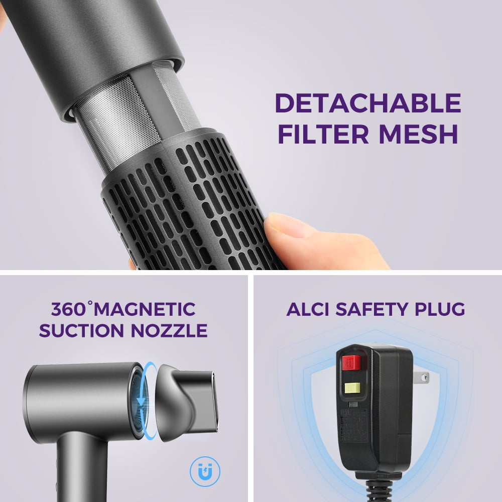 Goolioo Hair Dryer , High Speed Professional Ionic Blow Dryer with Magnetic Nozzle, Gray