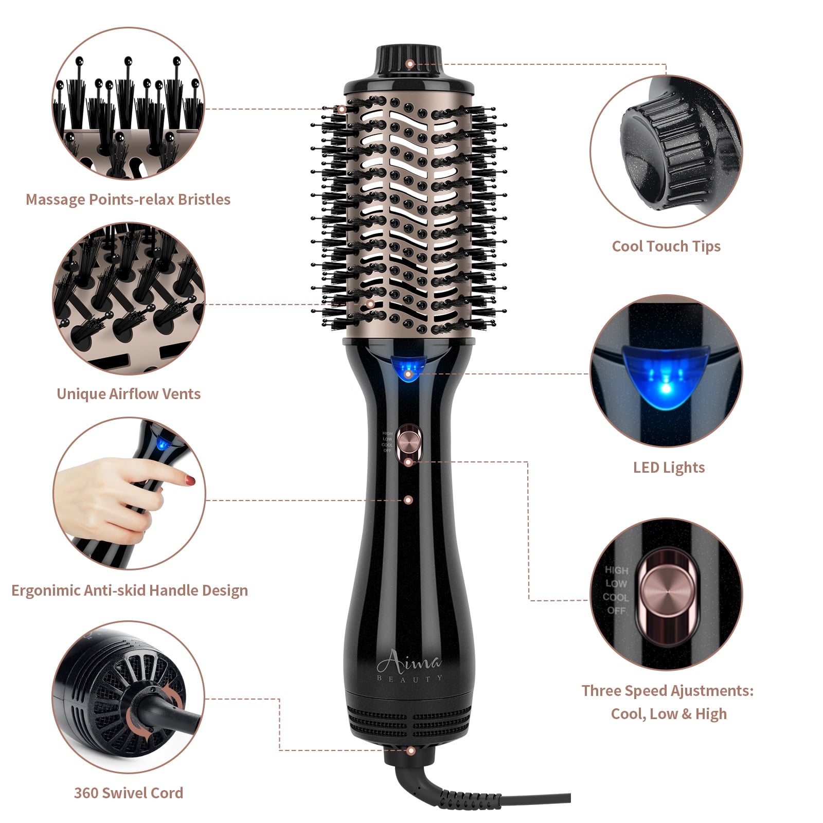Hair Dryer Brush Blow Dryer in One, Aima Beauty Oval Hot Air Brush with Negative Ion&1100W, Black