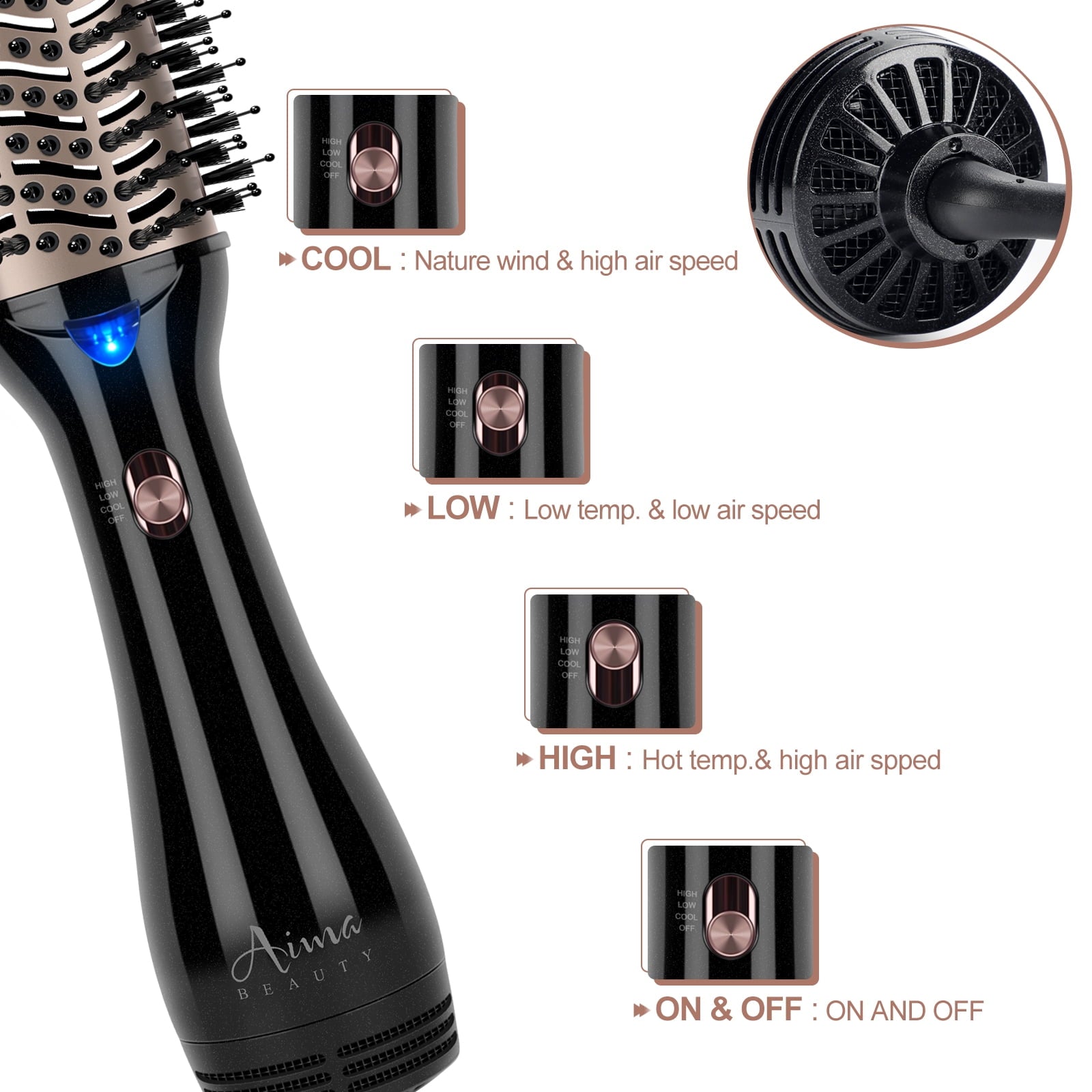 Hair Dryer Brush Blow Dryer in One, Aima Beauty Oval Hot Air Brush with Negative Ion&1100W, Black