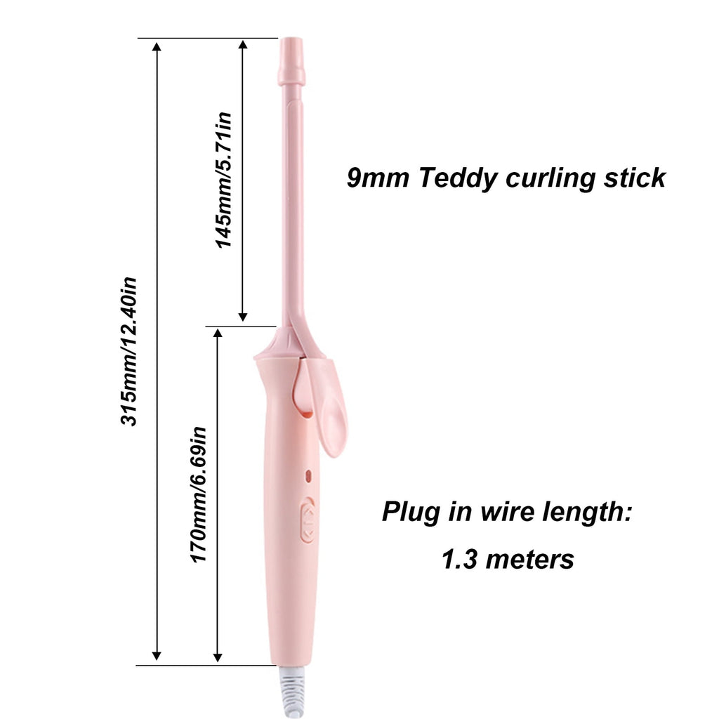 Yunnyp Professional Small Hair Curling Wand, 9mm Small Barrel Curling Iron for Short & Long Hair, Wool Hair Curler Ceramic Small Wand with Adjustable Temperature Setting，Pink