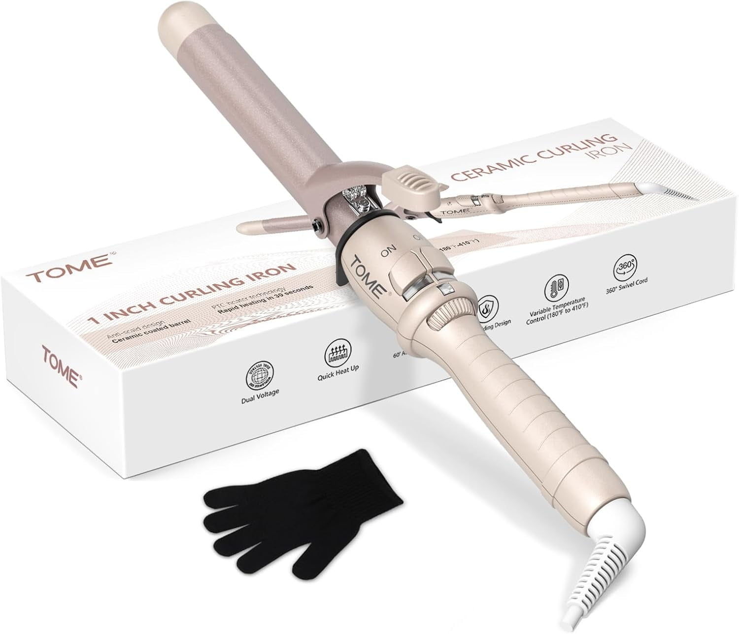 ToMe 1 Inch Ceramic Curling Iron Dual Voltage Glove Included, 180℉-410℉ Heat up Fast Hair Styling Tool for Short & Long Hair