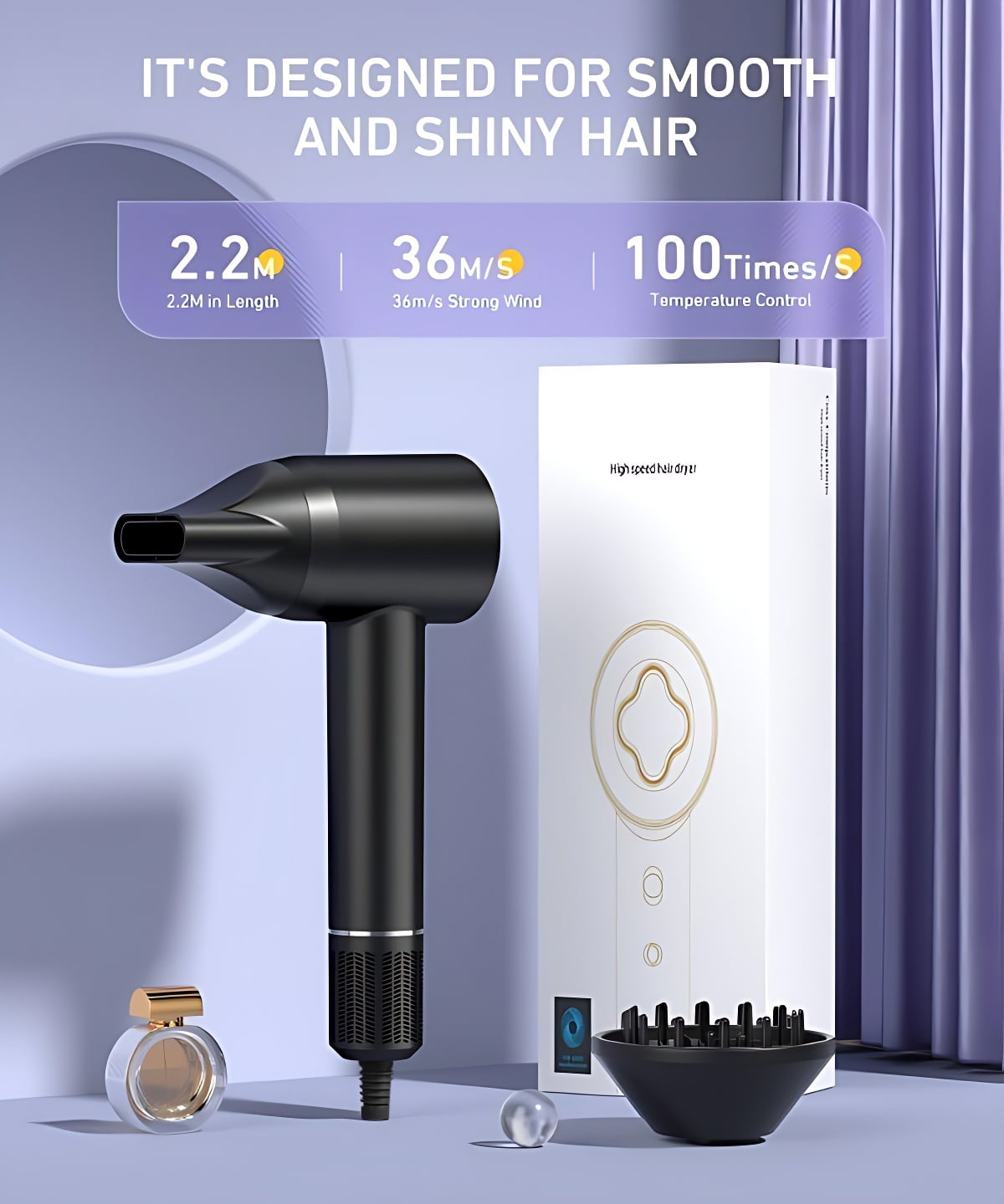 Hair Dryer-Fast Drying Ionic Blow Dryer-Updated 1500 W Low Noise Technology with Diffuser&Smooth Nozzle